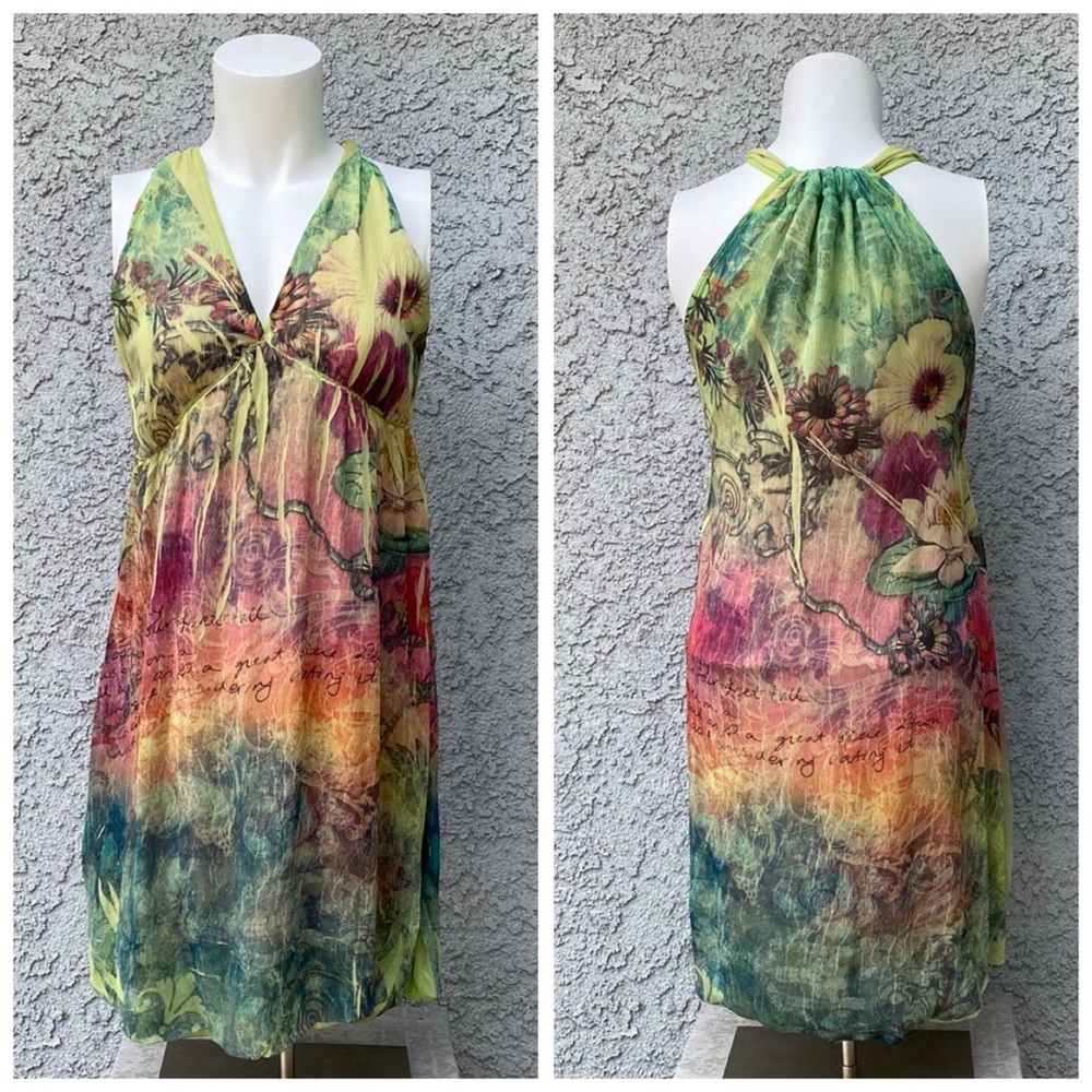 Daniel Benjamin Colorful Rainbow Dip Tie Dye Floral Burnout Halter Sun Dress 👗